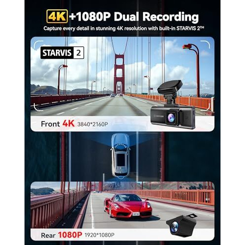 Redtiger F7N Elite 4K Hdr Dual Dash Cam Front & Rear, Sony Starvis 2 Sensor, 5.8Ghz Wifi App, Built-In 128Gb, 3.18" Touchscreen, Voice Control, Gps, 24H Parking Mode, Wdr