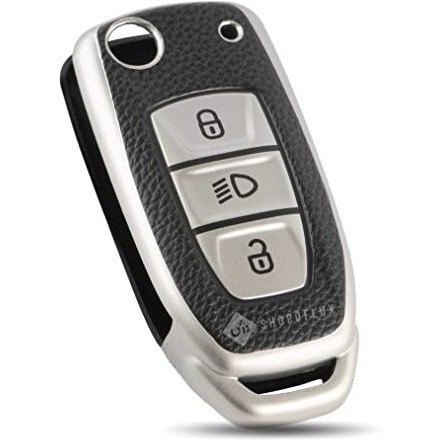 Shopoflux Tpu Leather Key Cover Compatible With Tata Tiago | Nexon | Altroz | Curvv | Safari | Storme | Zest | Bolt | Tigor | Punch | Hexa 3 Button Flip Key (Black Silver)