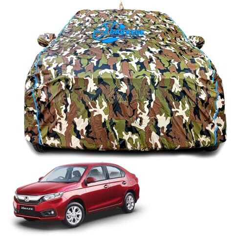 Garrege Waterproof Car Body Cover Compatible For Honda Amaze With Mirror Pocket And Antenna Pocket, Triple Stitched (Dynamite Jungle Print With Blue Piping Design)