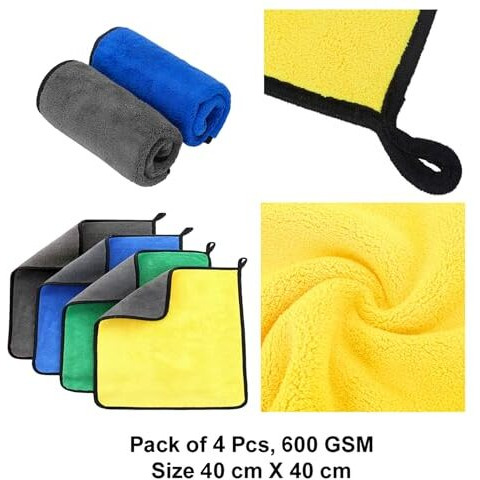 Max Microfiber Cloth For Car Cleaning (600 Gsm, Pack Of 4, 40X40 Cm, Multi-Colour) Double Sided, High Density, Thick Plush Towel For Car Detailing, Cleaning, Washing And Polishing