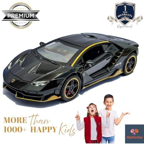 Zippity Zap Zippityzap Lamborghini Car Toy - Black 132 Scale Die-Cast Metal Model, Pull Back Action, Openable Doors, Led Lights, Realistic Engine Sound For Kids, Boys & Girls