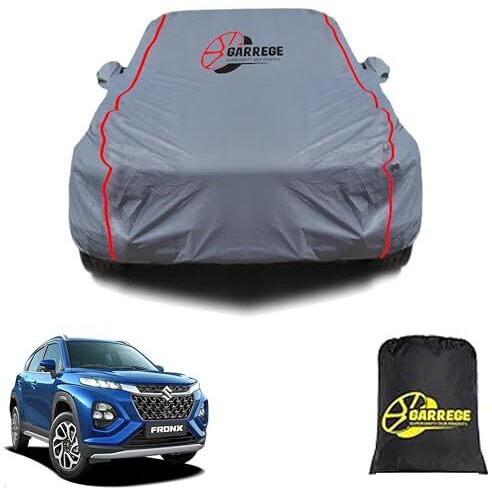 Garrege Maruti Fronx Car Cover Waterproof All Weather, Outdoor Full Cover Rain Sun Uv Protection With Inner Side Ultra Soft Cotton 6 Layers With Blue Piping And Mirror With Anteena Packet
