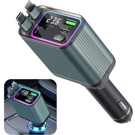 Ampere 90W Retractable Car Charger - 4 In 1 Fast Car Charger With Usb-C & Lightning Cables & Dual Usb Ports (Type-C Pd & Usb-A), Led Indicator, Compatible With Iphone & Type-C Android Smartphones
