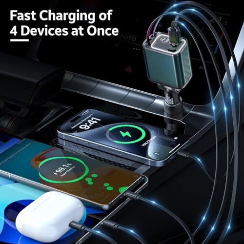 Ampere 90W Retractable Car Charger - 4 In 1 Fast Car Charger With Usb-C & Lightning Cables & Dual Usb Ports (Type-C Pd & Usb-A), Led Indicator, Compatible With Iphone & Type-C Android Smartphones