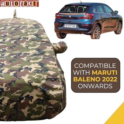 Autofact Waterproof Car Body Cover Compatible With Maruti Baleno New (2022 To 2023), With Mirror And Antenna Pockets,4X4 American Matty, Long Lasting Material, Camouflage Army Look
