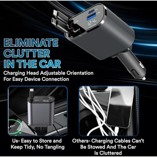 Dravina Retractable Car Charger, 120W 4 In 1 Super Fast Charge Car Phone Charger With Retractable Cables (31.5 Inch) + 2 Usb Ports Car Adapter For Iphone 16/15/14/13/12 Pro Max Xr, Ipad, Pixel