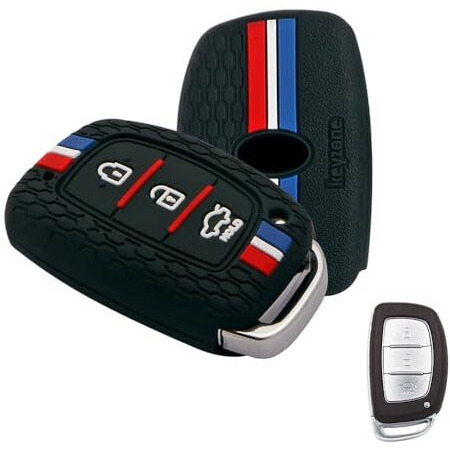 Keyzone Striped Silicone Key Cover Compatible For I10 Grand, I20 Elite, I20 Active, Xcent, Verna 4S, Tucson, Elantra, Grand I10 Nios (3 Button Smart Key, Black)