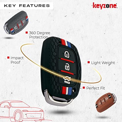 Keyzone Striped Silicone Key Cover Compatible For I10 Grand, I20 Elite, I20 Active, Xcent, Verna 4S, Tucson, Elantra, Grand I10 Nios (3 Button Smart Key, Black)