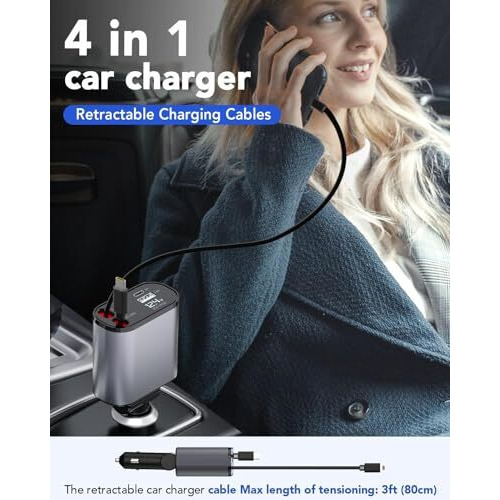 Proodos Retractable Car Charger Car Accessories | 4 In 1 Car Charger Fast Charging | Compatible With Iphone & Type C | 120W Super Fast Charging Retractable Cables (32 Inch) Rectangle