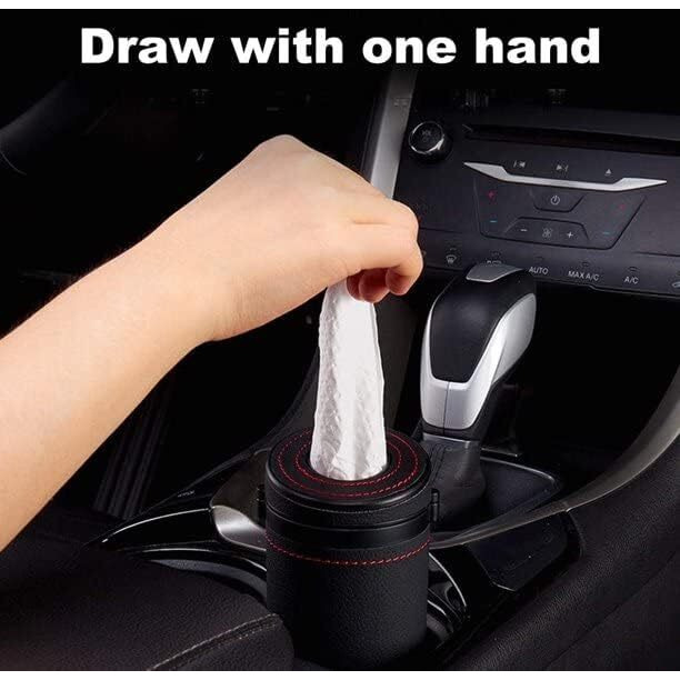 Automaze Pu Leather Plus Abs, Car Cylindrical Cup Holder Tissue Holder Box With 3 Ply 40 Pulls Tissues (Black)