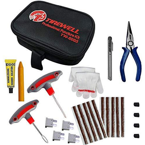 Tirewell Tw-5005 10 In 1 Universal Tubeless Tyre Puncture Kit With Storage Bag, Emergency Flat Tire Repair Patch Tool Bag For Car, Bike, Suv, & Motorcycle