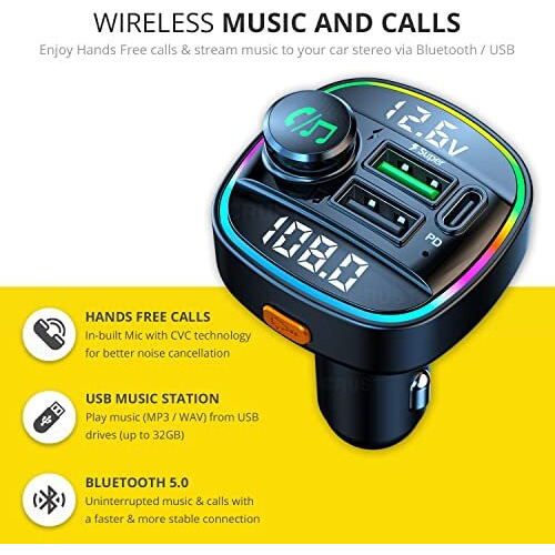 Crust Cs45 Car Bluetooth Device For Music System, Fm Transmitter With Call Receiver (Pd 20W + Qc3.0) Fast Charger Real Time Car Battery Voltage Monitor 7 Colour Led Lights Usb Mp3 Audio Playback