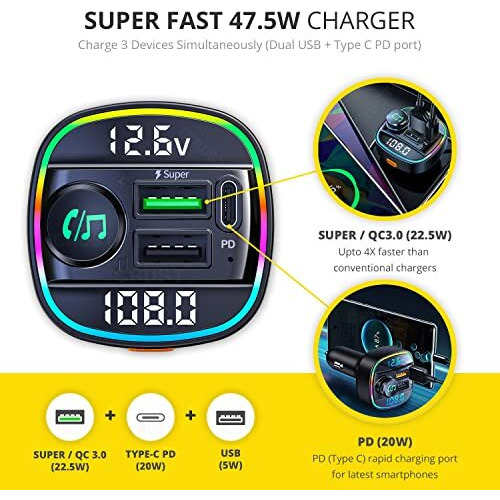 Crust Cs45 Car Bluetooth Device For Music System, Fm Transmitter With Call Receiver (Pd 20W + Qc3.0) Fast Charger Real Time Car Battery Voltage Monitor 7 Colour Led Lights Usb Mp3 Audio Playback