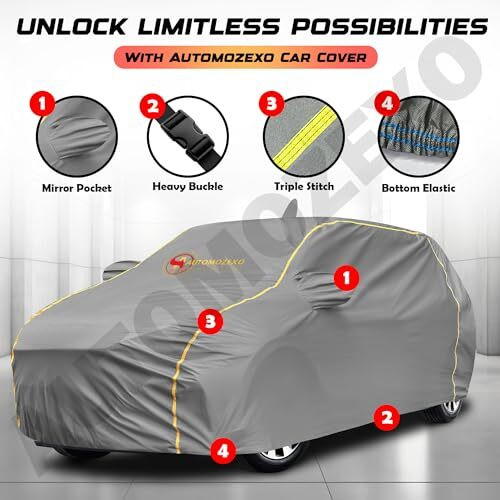 Automozexo Tata Tiago Car Cover For All Weather Protection With Mirror & Antena Pocket This Inner Cotton Layer Triple Stitched Waterproof Cover With Adjustable Belt Bottom Elastic To Secure Fit (Grey)