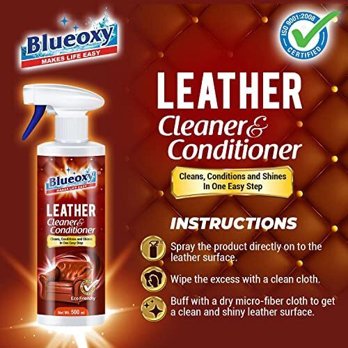 Blueoxy Leather Cleaner And Conditioner | Leather Cleanser | Ideal For Leather Furniture, Auto Interiors & More | Car Interior Detailing | Ecological Formulation | 500 Ml Spray | Qty 1