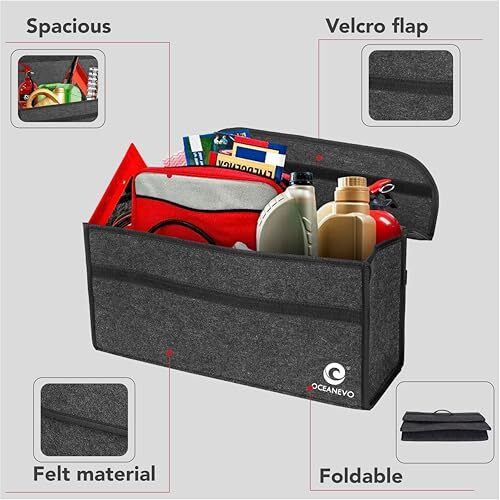 Oceanevo Felt Car Boot Organizer, Car Trunk Organizer For Storage Of Accessories, Hardware Tools And Documents - 50 X 24 X 17 Cm - Dark Grey