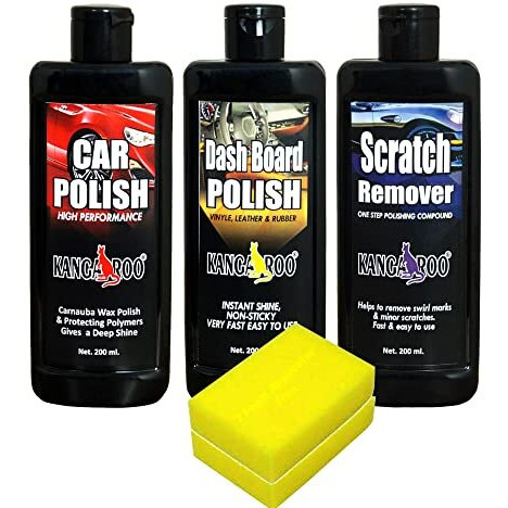 Kangaroo Car Care Kit (Car Polish + Dashboard Polish + Scratch Remover) 200 Ml Each + 2 Sponge Fast And Easy To Use