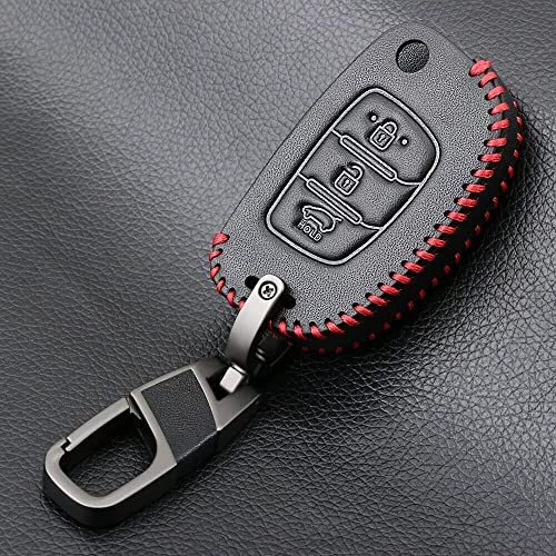 Autofrill Leather Car Key Cover Compatible For Hyundai I20 Active | I20 Elite | Aura | Venue | Xcent | I10 Grand | I10 Nios 3 Button Flip Key (Black) (Compare Key Shape & Key Blade Before Ordering)