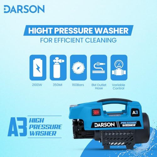 Darson A3 High Pressure Washer Car Washer Machine, 2100 Watts, 160 Bars, 8L/Min Flow Rate, 8 Meters Outlet Hose Pipe, Portable For Car, Bike & Home Cleaning