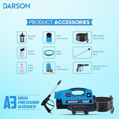 Darson A3 High Pressure Washer Car Washer Machine, 2100 Watts, 160 Bars, 8L/Min Flow Rate, 8 Meters Outlet Hose Pipe, Portable For Car, Bike & Home Cleaning