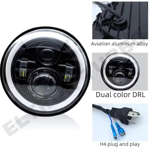 Eltron Turbo Imported Warranty Dc Power Full Ring Drl 7 Inch Headlight Front Led Headlight Bulb White And Yellow, Angel Eye Lamp Compatible For All Thar & Bullet Models, Hi/Low Beam Amber (Pack Of 1)