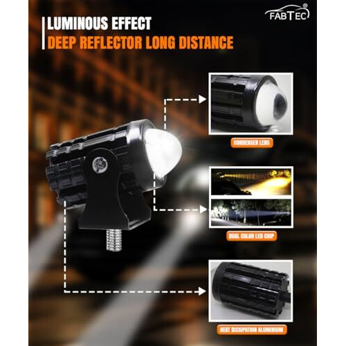 Fabtec Mini Driving Fog Light Lamp Projector Lens Led Spotlight Dual Color Led Light System For Motorcycle,Bikes&Scooters With On-Off Switch(12V,30W),Black