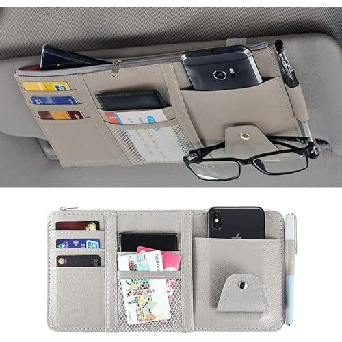 Layzoo Car Accessories Car Sun Visor Organizer, Sunglass Pen Card Small Document Storage Pouch Holder, Pu Leather, Multi-Pocket With Zipper Net (Grey)