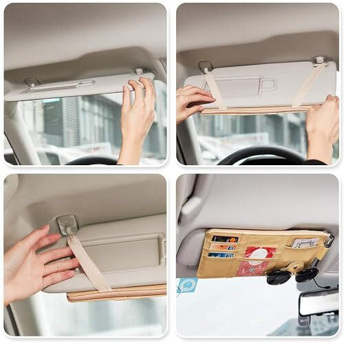 Layzoo Car Accessories Car Sun Visor Organizer, Sunglass Pen Card Small Document Storage Pouch Holder, Pu Leather, Multi-Pocket With Zipper Net (Grey)