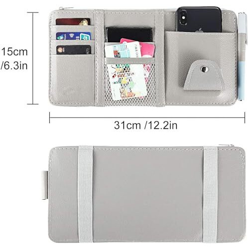 Layzoo Car Accessories Car Sun Visor Organizer, Sunglass Pen Card Small Document Storage Pouch Holder, Pu Leather, Multi-Pocket With Zipper Net (Grey)