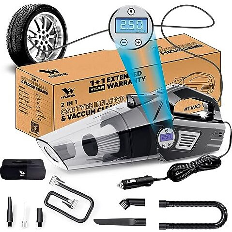 Yearwin 4 In1 Car Vacuum Cleaner With Tyre Inflator Dc12V High Power 7000Pa Handheld Car Vacuum Led Light, 4.2M Power Cord, For Wet/Dry Use, Black (Twoway)