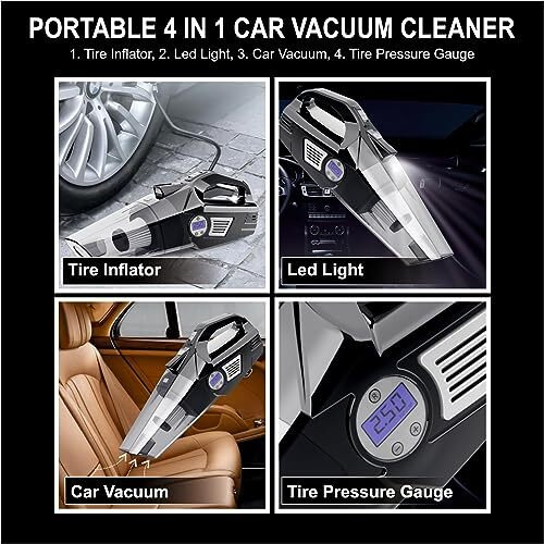 Yearwin 4 In1 Car Vacuum Cleaner With Tyre Inflator Dc12V High Power 7000Pa Handheld Car Vacuum Led Light, 4.2M Power Cord, For Wet/Dry Use, Black (Twoway)