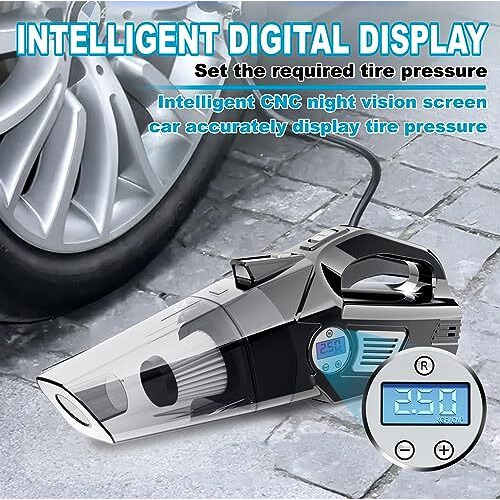 Yearwin 4 In1 Car Vacuum Cleaner With Tyre Inflator Dc12V High Power 7000Pa Handheld Car Vacuum Led Light, 4.2M Power Cord, For Wet/Dry Use, Black (Twoway)