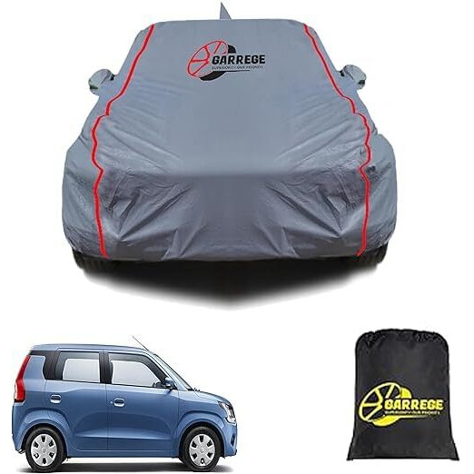 Garrege Maruti New Wagonr Waterproof Car Body Cover With Mirror And Anteena Packets 150 Gsm Grey Fabric With Piping Style All Weather Protection Car Cover