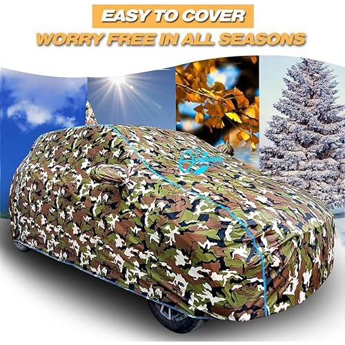 Garrege Waterproof Car Body Cover Compatible For Tata Punch With Mirror Pocket And Back Side Antenna Pocket, Triple Stitched (Dynamite Jungle Print With Blue Piping Design)