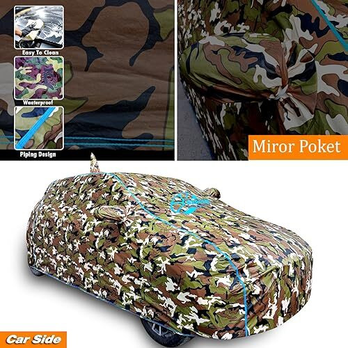 Garrege Waterproof Car Body Cover Compatible For Tata Punch With Mirror Pocket And Back Side Antenna Pocket, Triple Stitched (Dynamite Jungle Print With Blue Piping Design)