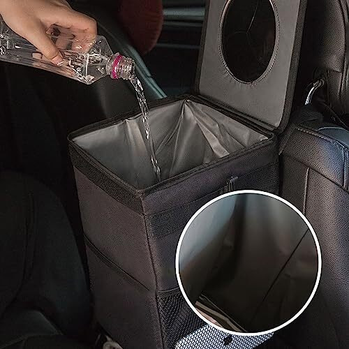 Wolpin Car Trash Bin Holder Dustbin Foldable Car Trunk Storage Bag Leakproof With Side Mesh Pockets - Black (15 X 16 X 25 Cm)