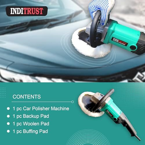 Inditrust 1500W 6 Months Warranty 7 Inch Electric Car Polisher Machine 6 Speed With Backup Pad Wool Pad And Buffing Pad Double Insulated With Speed Adjustment 100% Copper Winding