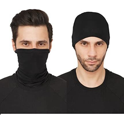 Primebox Face Mask Bandana Cotton Fabric Bike Riding Dust Protection Head Face Mask For Men Women Balaclava Neck Gaiter (Combo Pack Of 2 Mask Helmet Cap Combo) Black