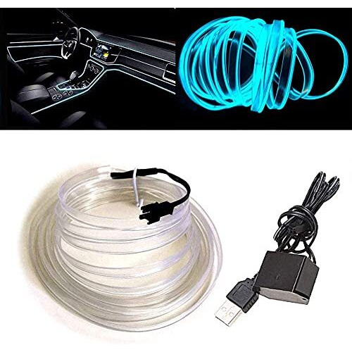 Automaze Usb El Wire, 5M Neon Lights 5V With Fuse Protection For Automotive Car Interior Decoration With 6Mm Sewing Edge (Ice Blue)