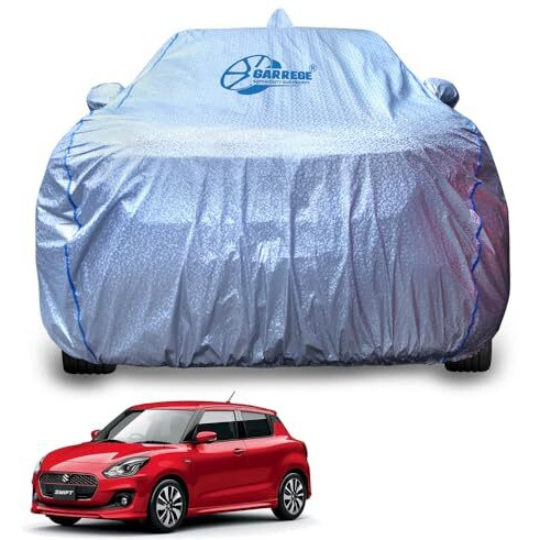 Garrege Waterproof For New Swift Car Body Cover Metallic Silver Triple Coated Inner Soft Lining Cotton With Mirror Antena Pocket Blue Strap Style (Box Printed Silver)
