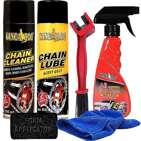 Kangaroo Chain Lube Spray & Chain Cleaner Lubricant Spray(500 Ml Each) With Chain Cleaner Brush Car And Bike Polish Shiner(200 Ml) 1 Microfiber Cloth With Foam Applicator.