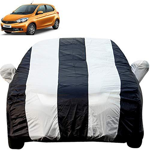 Tiago Dustproof Car Cover With Mirror Pockets, White Blue Stripes, Taffeta Polyster,Triple Stitched, Compatible With Tata Tiago Car Cover (2016 To 2024), Tiago Car Accessories