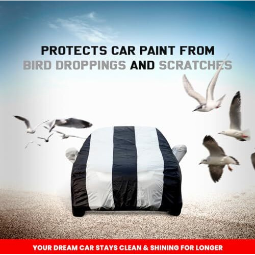 Tiago Dustproof Car Cover With Mirror Pockets, White Blue Stripes, Taffeta Polyster,Triple Stitched, Compatible With Tata Tiago Car Cover (2016 To 2024), Tiago Car Accessories