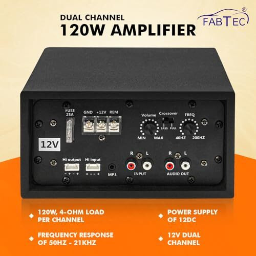 Fabtec 12V Dual Channel 120W Car Amplifier Stereo Power Mono Amp Audio, Bass Sub- Woofer Kit, Monoblock, Black Body Encloser,Car Multi Channel Amplifier Class Ab, Mosfet Dc Power Supply