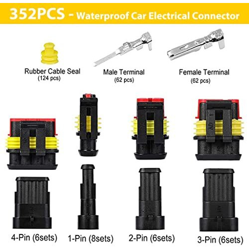 Zibuyu 352Pcs Waterproof Car Electrical Connector Terminals Automotive Electrical Wire Connector Plug Kit 1/2/3/4 Pin Connectors Male And Female