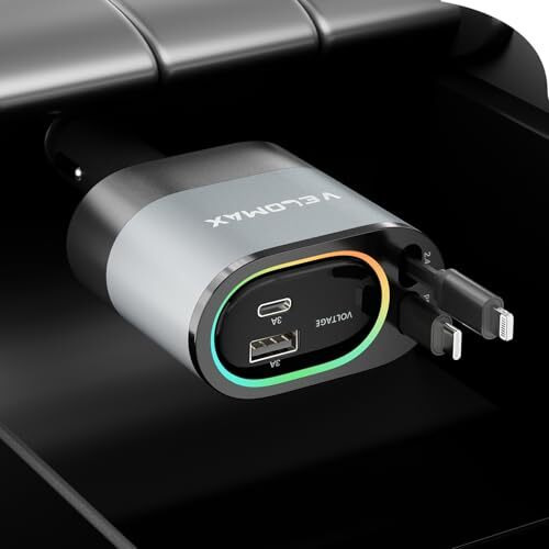 Velomax 72W Fast Car Charger With 80Cm Retractable Type-C & 30-Pin Port Cables  Simultaneous Charging For 4 Devices  Universal Car Mobile Charger For All Smartphones & Tablets