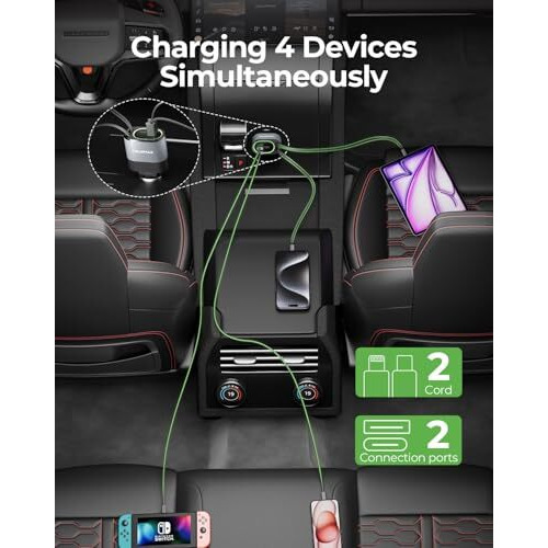 Velomax 72W Fast Car Charger With 80Cm Retractable Type-C & 30-Pin Port Cables  Simultaneous Charging For 4 Devices  Universal Car Mobile Charger For All Smartphones & Tablets