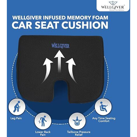 Wellgiver Ultimate Memory Foam Car Wedge Seat Cushion 2-Year Warranty For Long-Lasting Comfort And Durability | Coccyx Tailbone Cutout Relieves Hip, Tailbone, And Lower Back Pain | 17 X 13 X 3 Inches