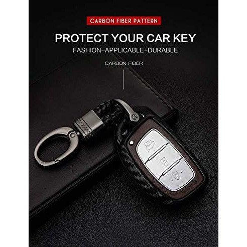 Jvcv Car Styling Soft Carbon Fiber Pattern Key Cover Compatible With Hyundai Push Button Start Smart Key With Keychain, Black