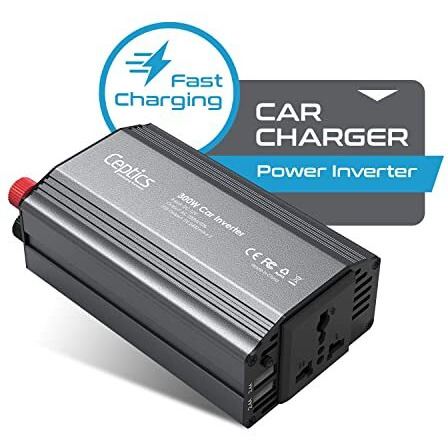 Ceptics 300W Car Charger Power Inverter With Smartvoltage Technology - 12V Dc To 220V Ac, Dual Usb With 2.4A - 1 Universal Ac Outlet For All Portable Devices - Grey Color